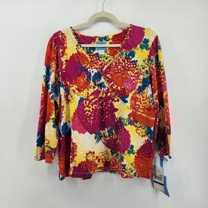 Lark Lane Women's XL Floral Print V-Neck 3/4 Sleeve‎ Top Yellow Pink Blue